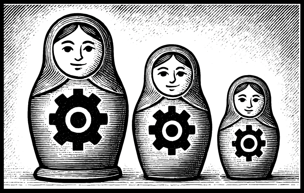 Tres muñecas rusas de estilo matrioshka, cada una con un engranaje inscrito en su diseño, representando la relación entre inteligencia artificial, machine learning y deep learning.