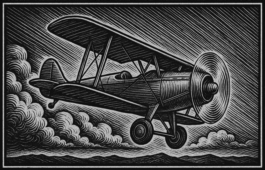 Ilustración de un avión biplano sin piloto volando entre nubes